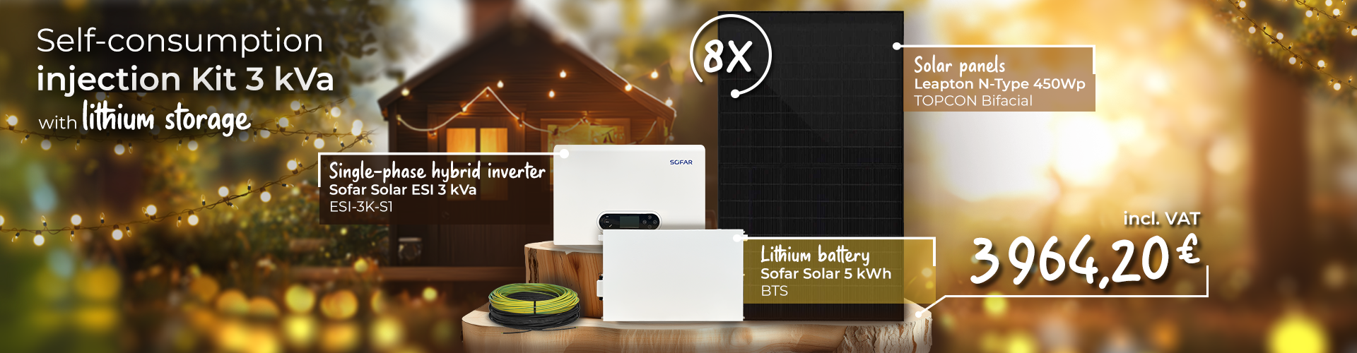 3 kVa self-consumption re-injection kit with lithium storage including a Sofar Solar ESI 3 kVa ESI-3K-S1 single-phase hybrid inverter, 8 Leapton N-Type 450Wp TOPCon bifacial solar panels.